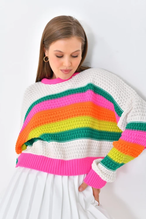 KADIN B.YEŞİL BİSİKLET YAKA ÇOK RENKLİ BEL KOL LASTİKLİ KAZAK