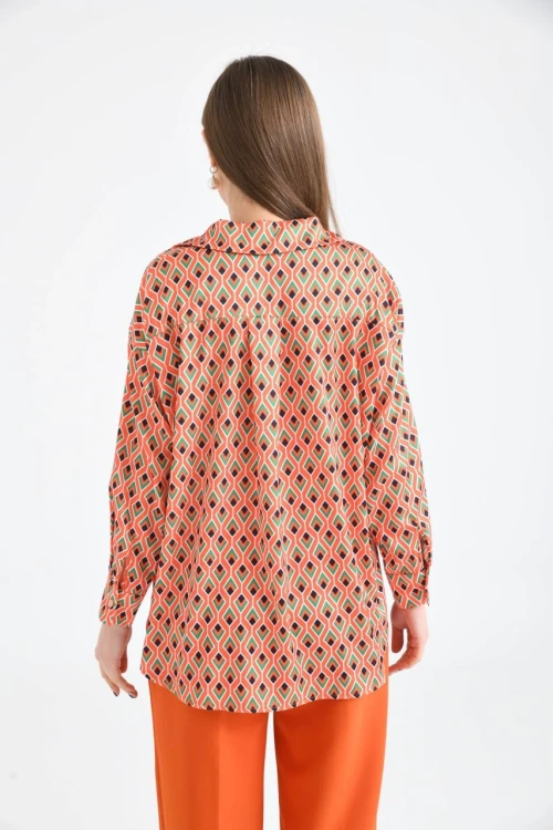 Kadın Gömlek Uzun Kollu Desenli Saten Gömlek Turuncu - 23005