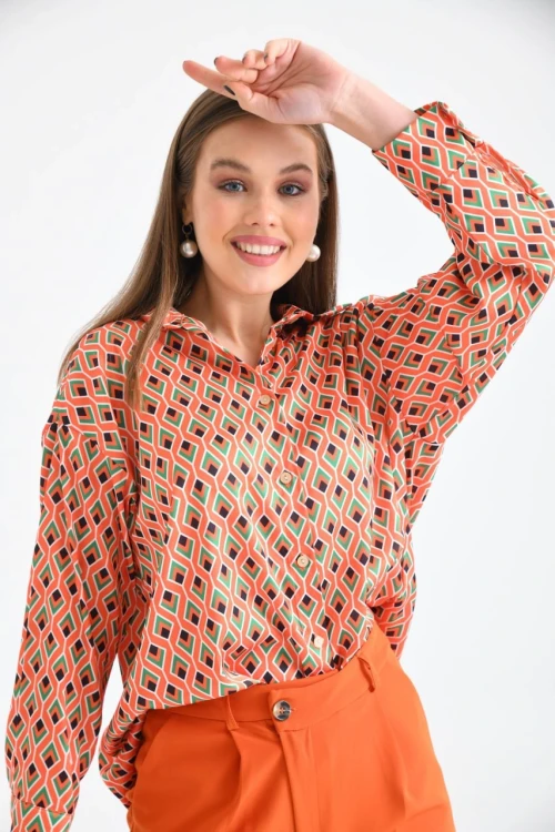 Kadın Gömlek Uzun Kollu Desenli Saten Gömlek Turuncu - 23005