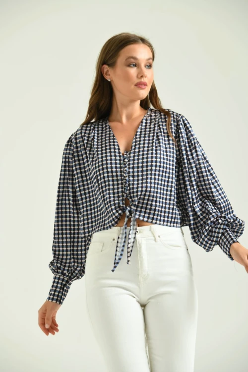 Kadın Gömlek Düğmeli Belden Bağlamalı Saten Gömlek Saks - T029