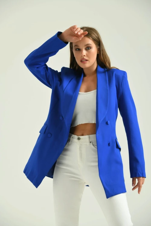 Kadın Ceket Uzun Boy Ceket Saks - T014