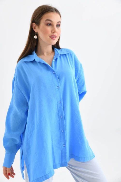 Şık Kadın Yan Yırtmaçlı Cepsiz Gömlek Saks Mavi - 23027