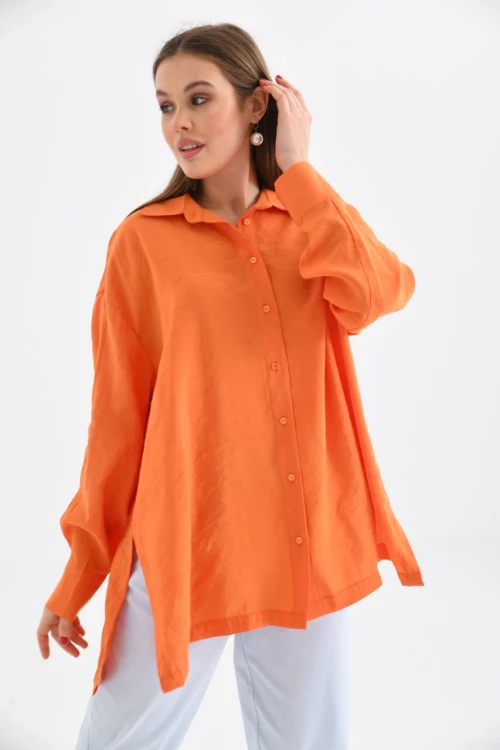 Şık Kadın Yan Yırtmaçlı Cepsiz Gömlek Turuncu - 23027