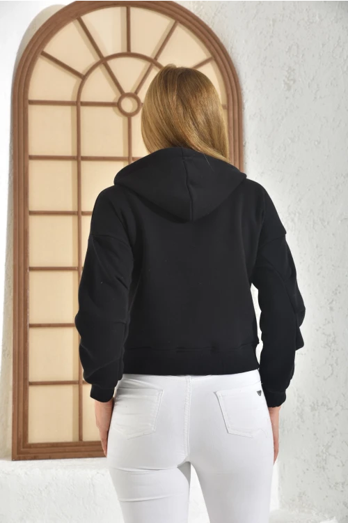 Kadın Ceket Çift Cepli Bel Boy Fermuarlı Şardonlu Ceket Siyah - D005