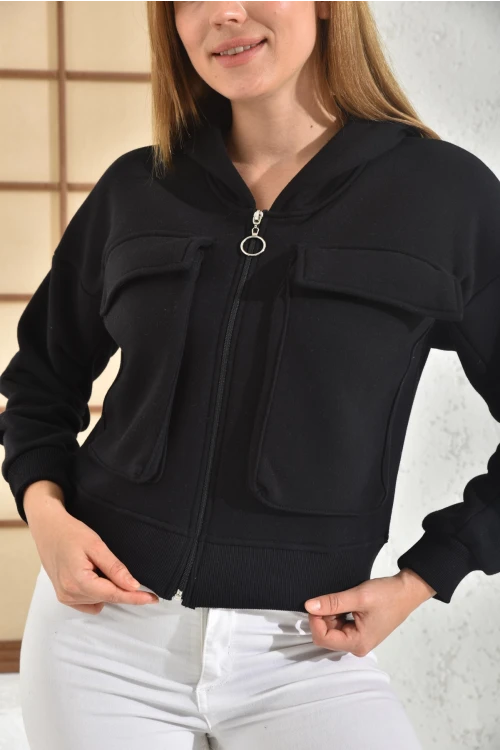 Kadın Ceket Çift Cepli Bel Boy Fermuarlı Şardonlu Ceket Siyah - D005