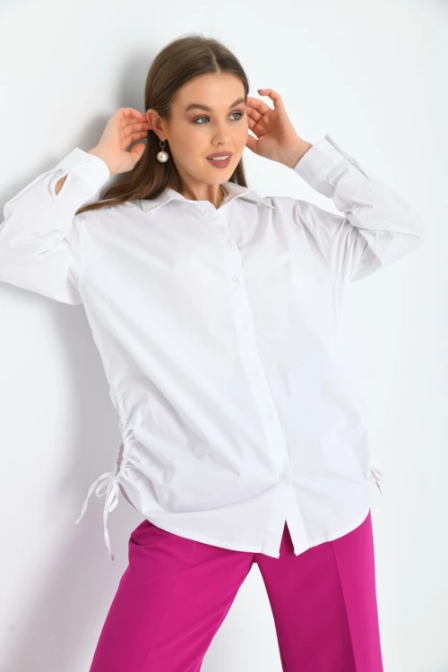 Kadın Ekru Yandan Büzgü Detaylı Gömlek