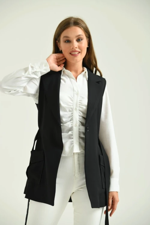 Kadın Cepli Yelek Belden Büzgülü Kemerli Çift Cep Kadın Yelek Siyah - T110