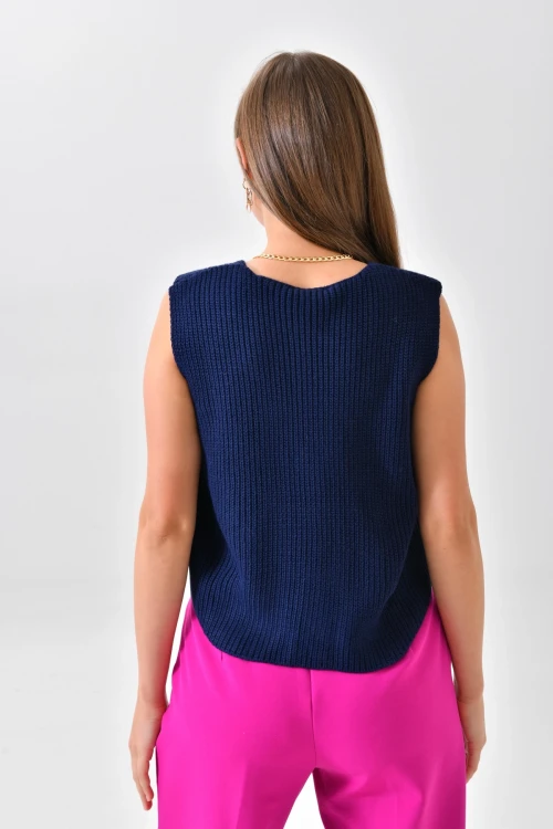 Kadın Yelek Düğmeli Kolsuz Triko Yelek Lacivert - 8072SW
