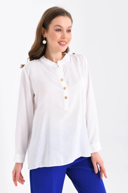 Kadın Gömlek Hakim Yaka Önü Kısa Arkası Uzun Apoletli Yarım Düğmeli Gömlek Kemik - 23073