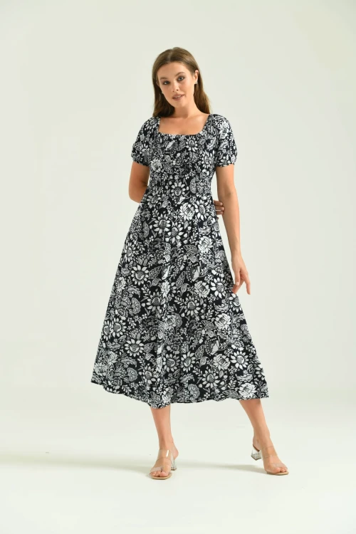 Kadın Siyah Kare Yaka Desenli Elbise