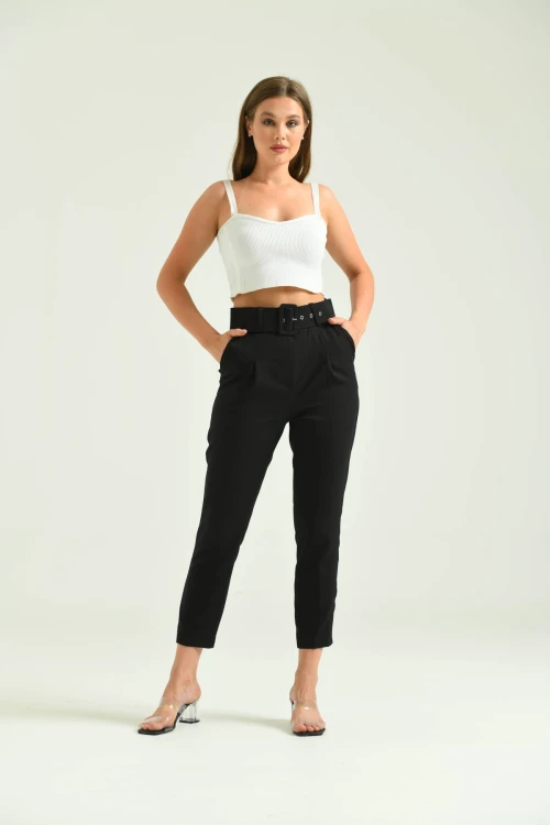 Kadın Pantolon Kemer Detaylı Basic Kadın Pantolon Siyah - T018
