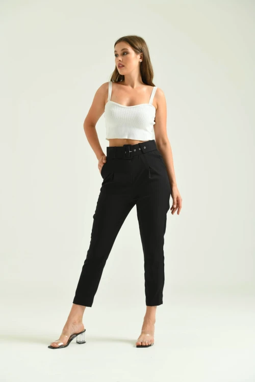 Kadın Pantolon Kemer Detaylı Basic Kadın Pantolon Siyah - T018