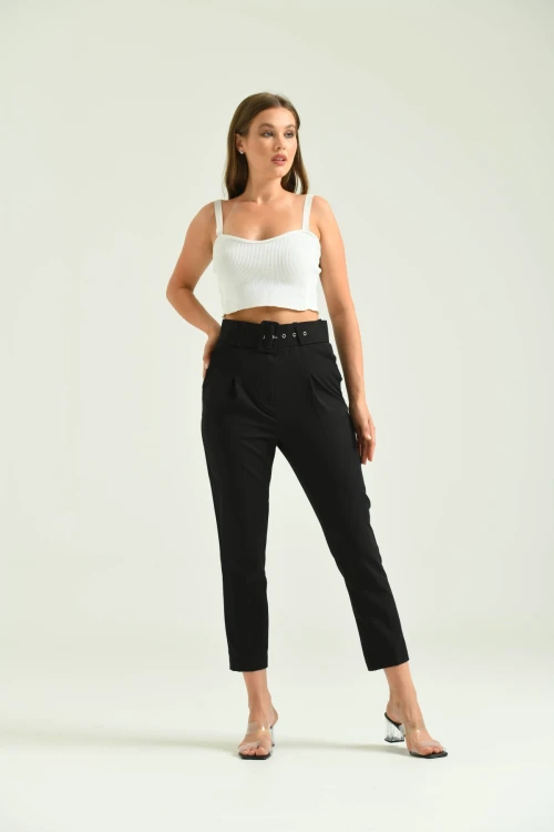 Kadın Pantolon Kemer Detaylı Basic Kadın Pantolon Siyah - T018