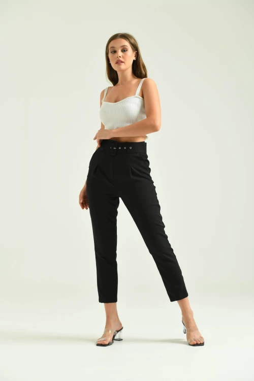 Kadın Pantolon Kemer Detaylı Basic Kadın Pantolon Siyah - T018