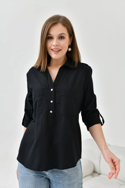 Kadın Bluz Metal Düğmeli Bluz Siyah - 33022