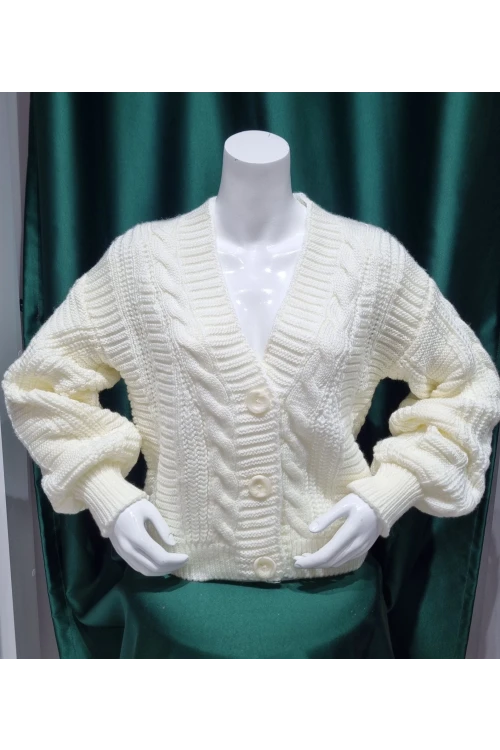 KADIN KEMİK V YAKA DÜĞMELİ DESENLİ KISA  TRİKO CEKET