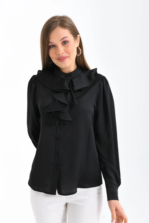 Kadın Gömlek Pudra Volan Yaka Saten Gömlek Siyah - 33033