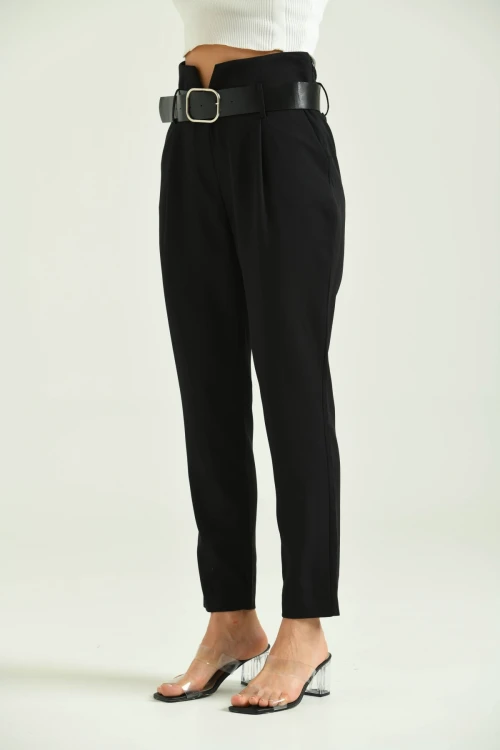 Kadın Pantolon Yüksel Bel Kemer Detay Havuç Pantolon Siyah - T016