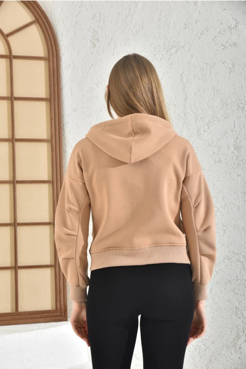 Kadın Ceket Çift Cepli Bel Boy Fermuarlı Şardonlu Ceket Camel - D005