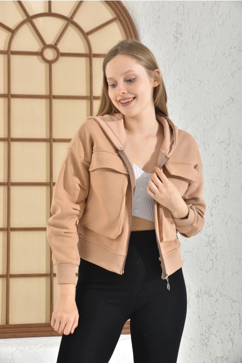 Kadın Ceket Çift Cepli Bel Boy Fermuarlı Şardonlu Ceket Camel - D005