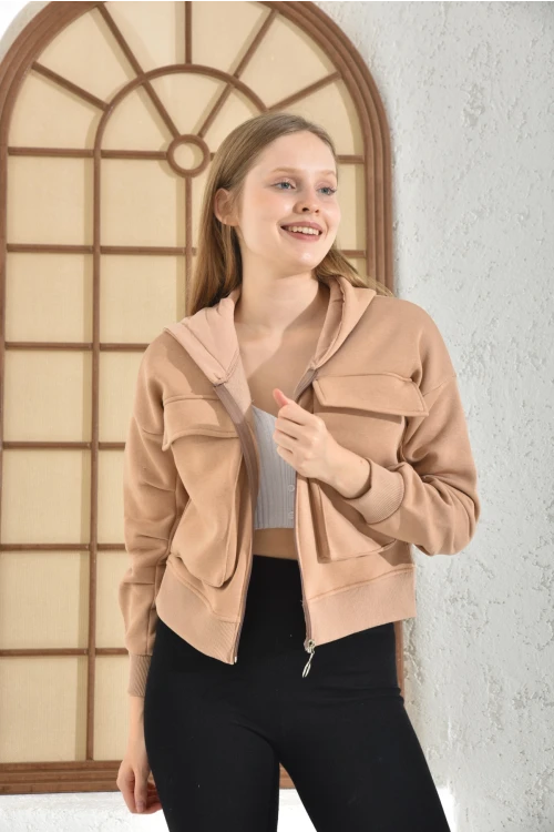 Kadın Ceket Çift Cepli Bel Boy Fermuarlı Şardonlu Ceket Camel - D005