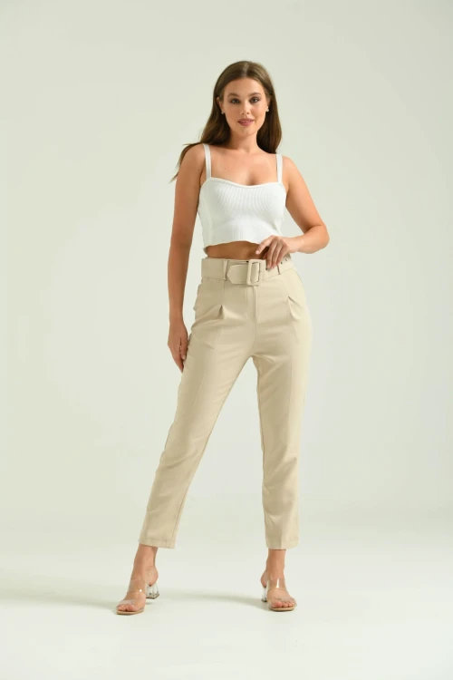 Kadın Pantolon Kemer Detaylı Basic Kadın Pantolon Bej - T018