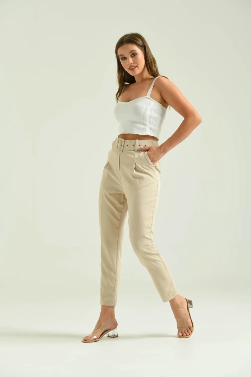 Kadın Pantolon Kemer Detaylı Basic Kadın Pantolon Bej - T018