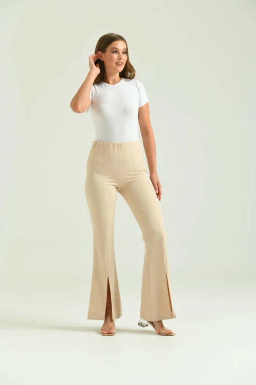 Kadın Pantolon  Paça Detaylı Toparlayıcı Yüksel Bel Kumaş Pantolon Taş - T111