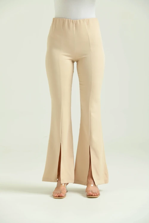 Kadın Pantolon  Paça Detaylı Toparlayıcı Yüksel Bel Kumaş Pantolon Taş - T111