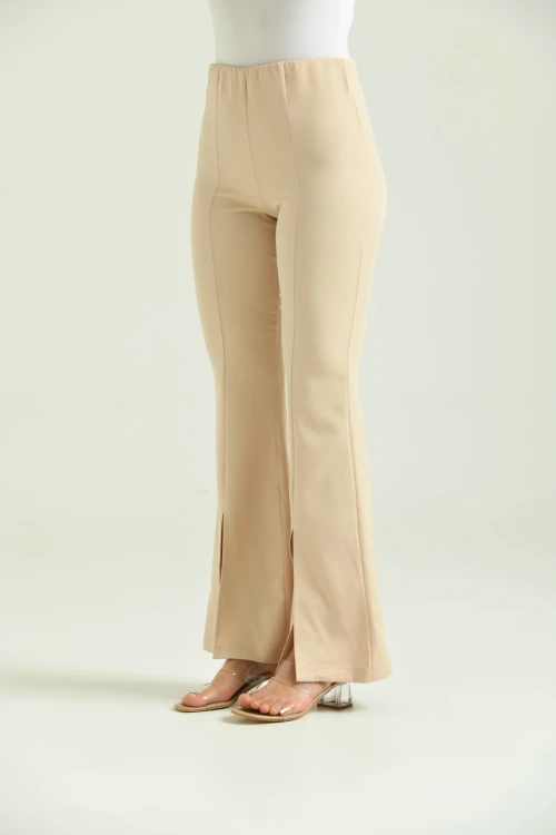 Kadın Pantolon  Paça Detaylı Toparlayıcı Yüksel Bel Kumaş Pantolon Taş - T111