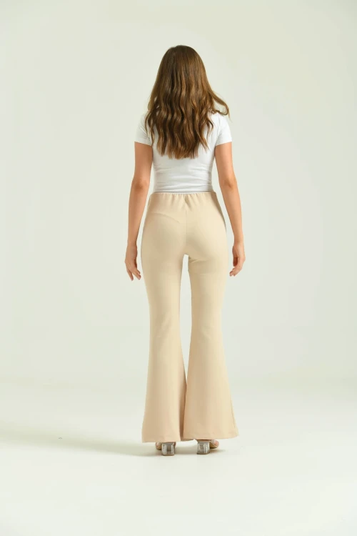 Kadın Pantolon  Paça Detaylı Toparlayıcı Yüksel Bel Kumaş Pantolon Taş - T111