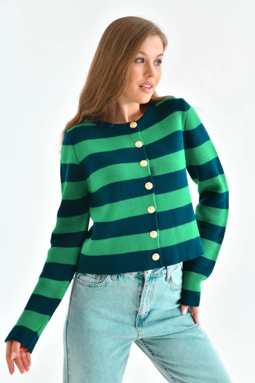 KADIN YAKASIZ DÜĞME DETAYLI ÇİFT RENK ÖRME CEKET