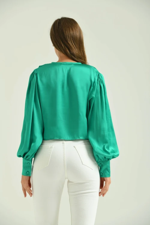 Kadın Gömlek Balon Kol Belden Bağlamalı Kadın Gömlek Yeşil - T030
