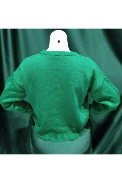 10318 KADIN YEŞİL BİSİKLET YAKA KALP DESENLİ KAZAK