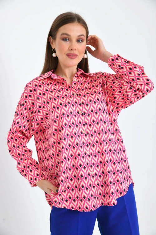 Kadın Gömlek Uzun Kollu Desenli Saten Gömlek Fuşya - 23005