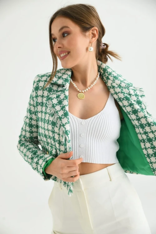 Kadın Ceket Düğme Detaylı Tüvit Crop Blazer Ceket Yeşil - KRN37