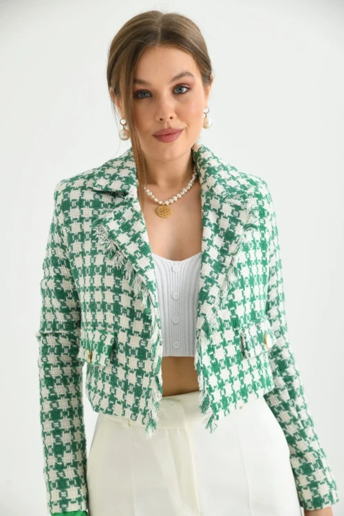 Kadın Ceket Düğme Detaylı Tüvit Crop Blazer Ceket Yeşil - KRN37