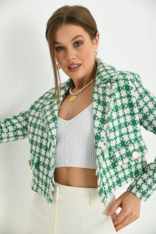 Kadın Ceket Düğme Detaylı Tüvit Crop Blazer Ceket Yeşil - KRN37