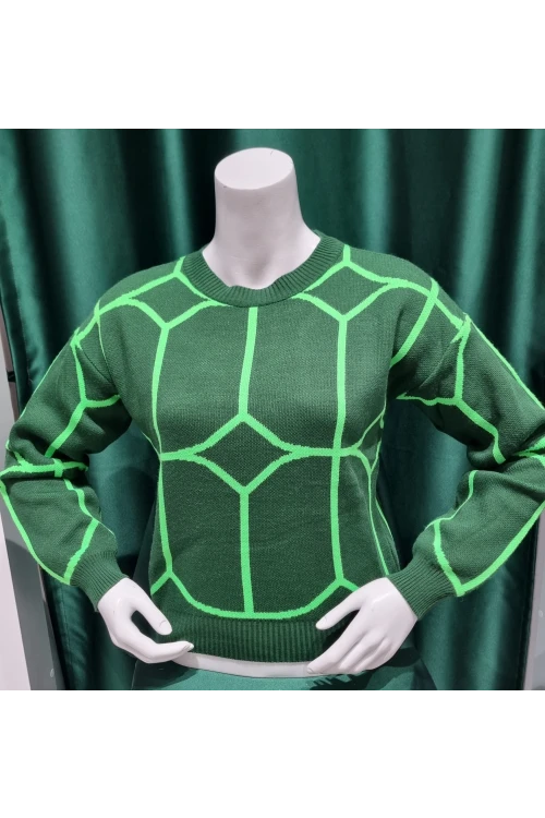 KADIN ZÜMRÜT BİSİKLET YAKA ÇİFT RENKLİ KAZAK