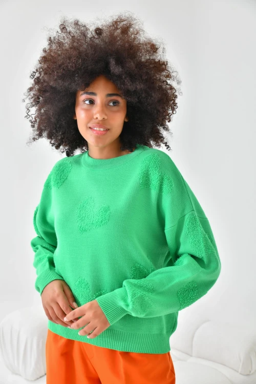 10318 KADIN ZÜMRÜT BİSİKLET YAKA KALP DESENLİ KAZAK