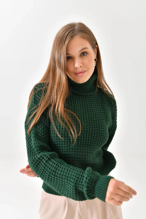 KADIN ZÜMRÜT BOĞAZLI BEL VE KOL LASTİKLİ TRİKO KAZAK