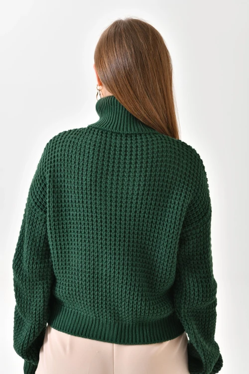 KADIN ZÜMRÜT BOĞAZLI BEL VE KOL LASTİKLİ TRİKO KAZAK