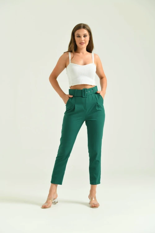 Kadın Pantolon Kemer Detaylı Basic Kadın Pantolon Zümrüt - T018