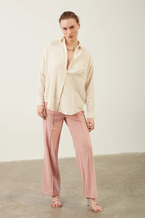 Kadın Pantolon Beli Lastikli Geniş Paça Pantolon Pudra - E044