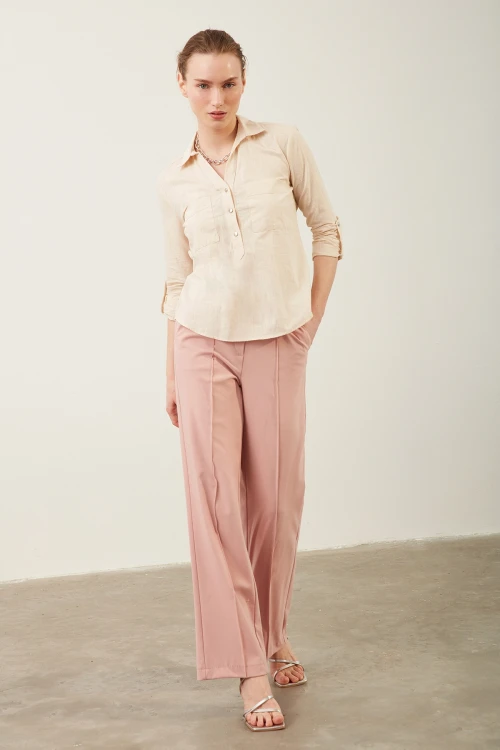Kadın Pantolon Beli Lastikli Geniş Paça Pantolon Pudra - E044