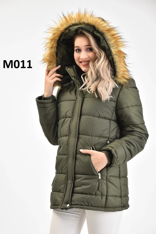 Kadın Çıkarılabilen Kürklü Kapşonlu Haki Şişme Mont M011