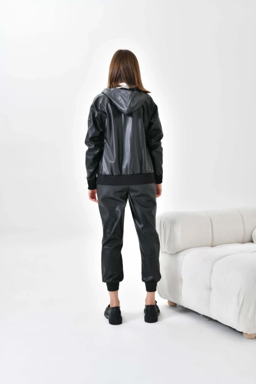 Kadın Deri Mont İçi Dokuma Kapişonlu Fermuarlı Kadın Ceket Mont Siyah - N003