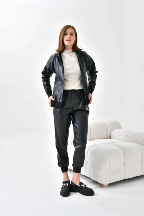 Kadın Deri Mont İçi Dokuma Kapişonlu Fermuarlı Kadın Ceket Mont Siyah - N003