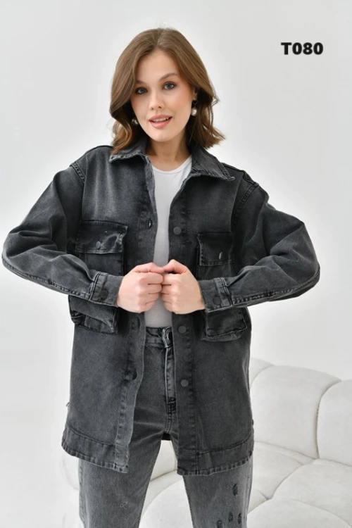 Kadın Kot Ceket Çift Cep Uzun Kadın Kot Ceket Antrasit - T080