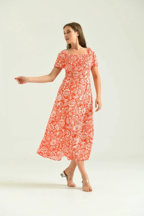 T097 NAR YAKA KOL VE BEL  LASTİK BÜZGÜLÜ KISA KOLLU KARE YAKA UZUN ELBİSE